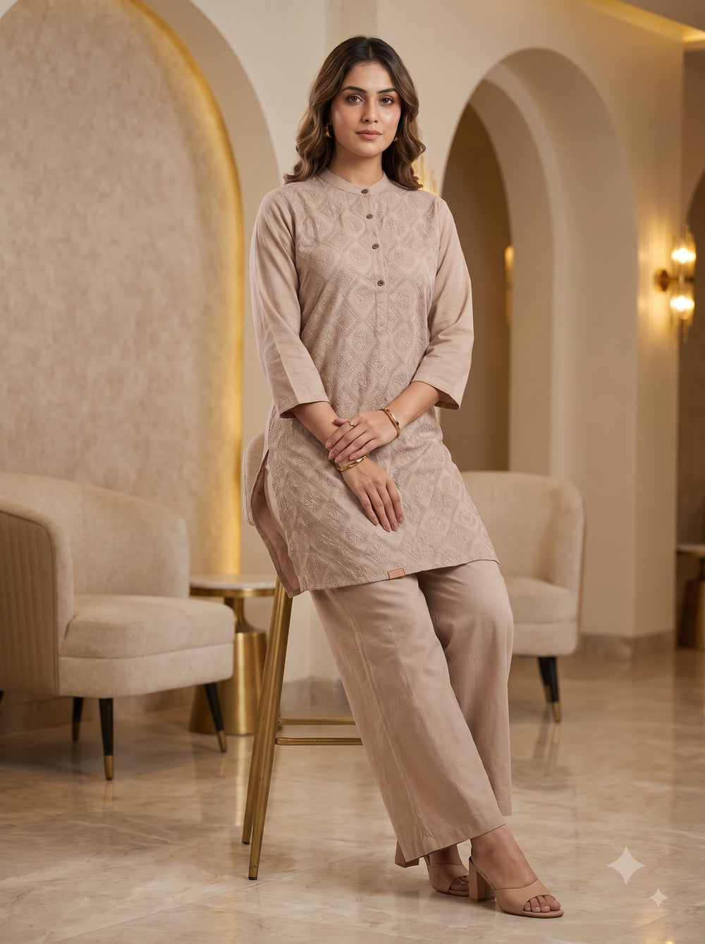 Beige Embroidered Cotton Co-Ord Set - UB1001