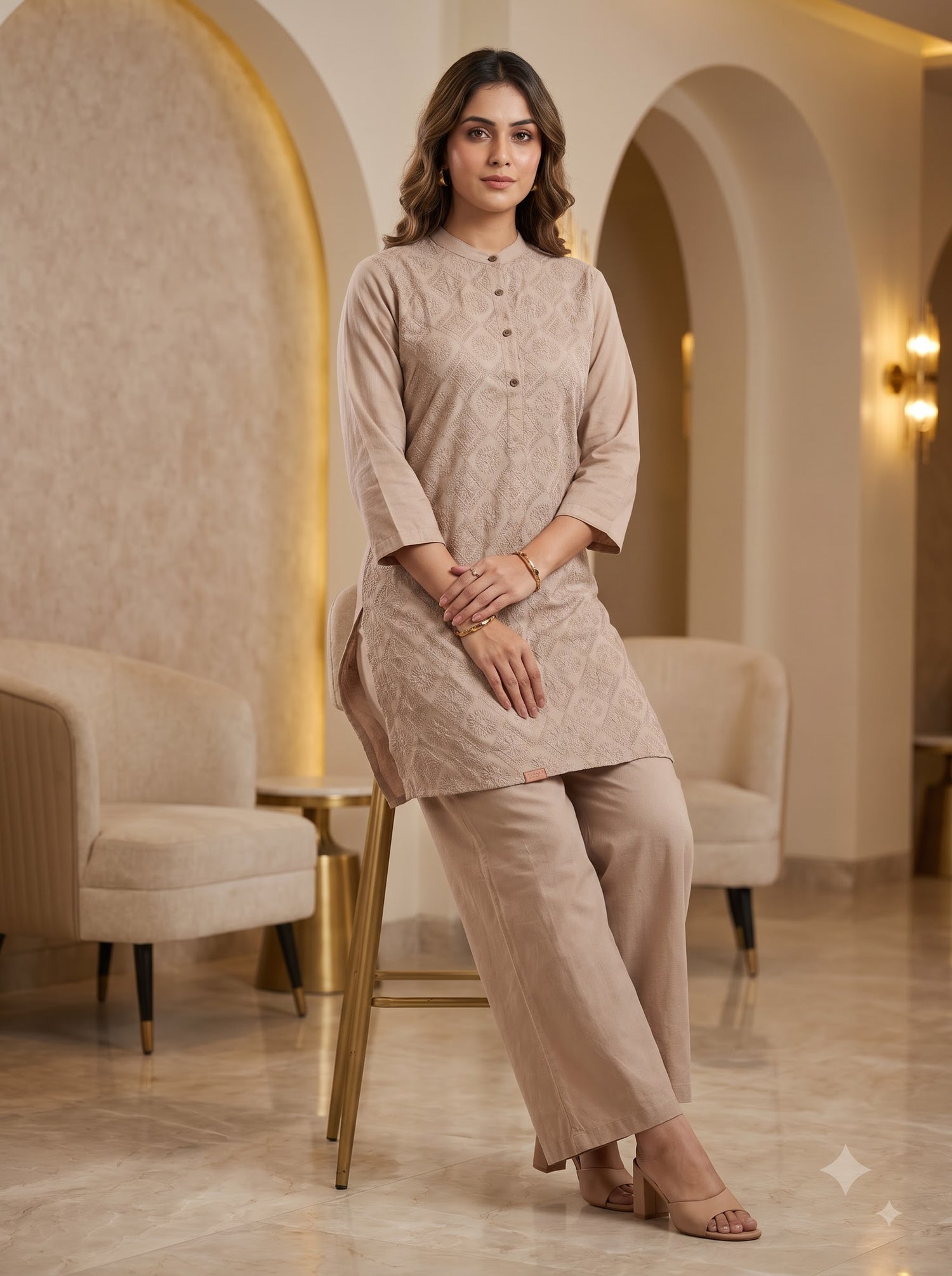 Beige Embroidered Cotton Co-Ord Set - UB1001