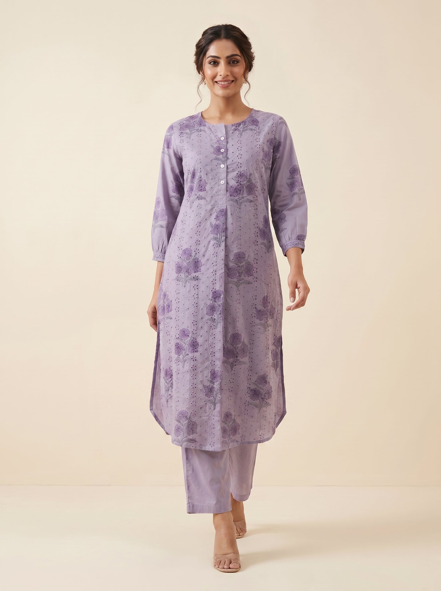 Lavender Floral Printed Cotton Kurti – Elegant Everyday Comfort