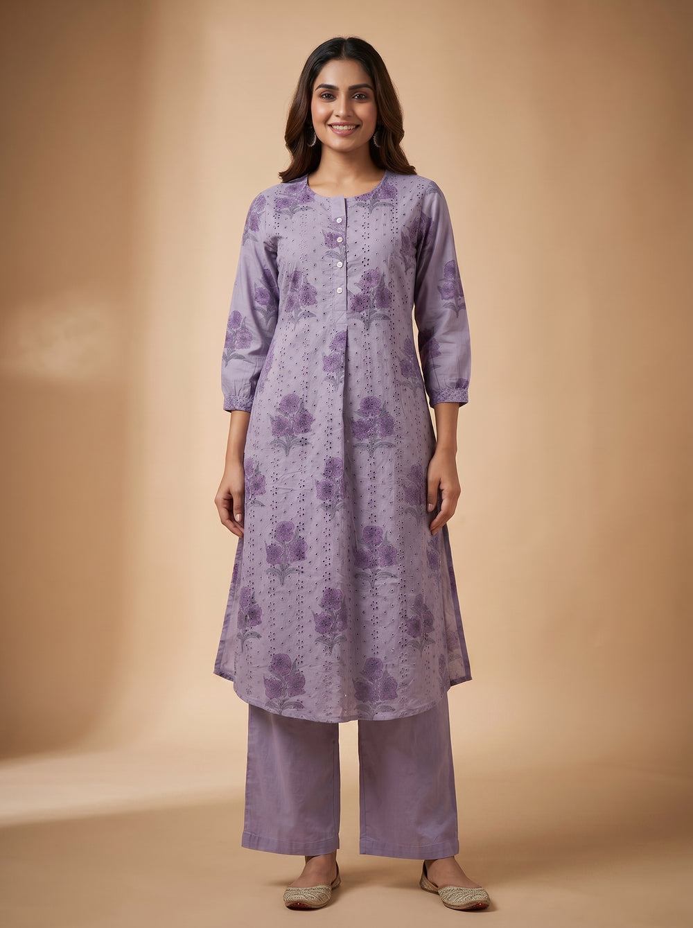 Lavender Floral Printed Cotton Kurti – Elegant Everyday Comfort