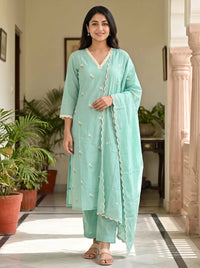 Mint Green Embroidered Cotton Suit Set - UB1003