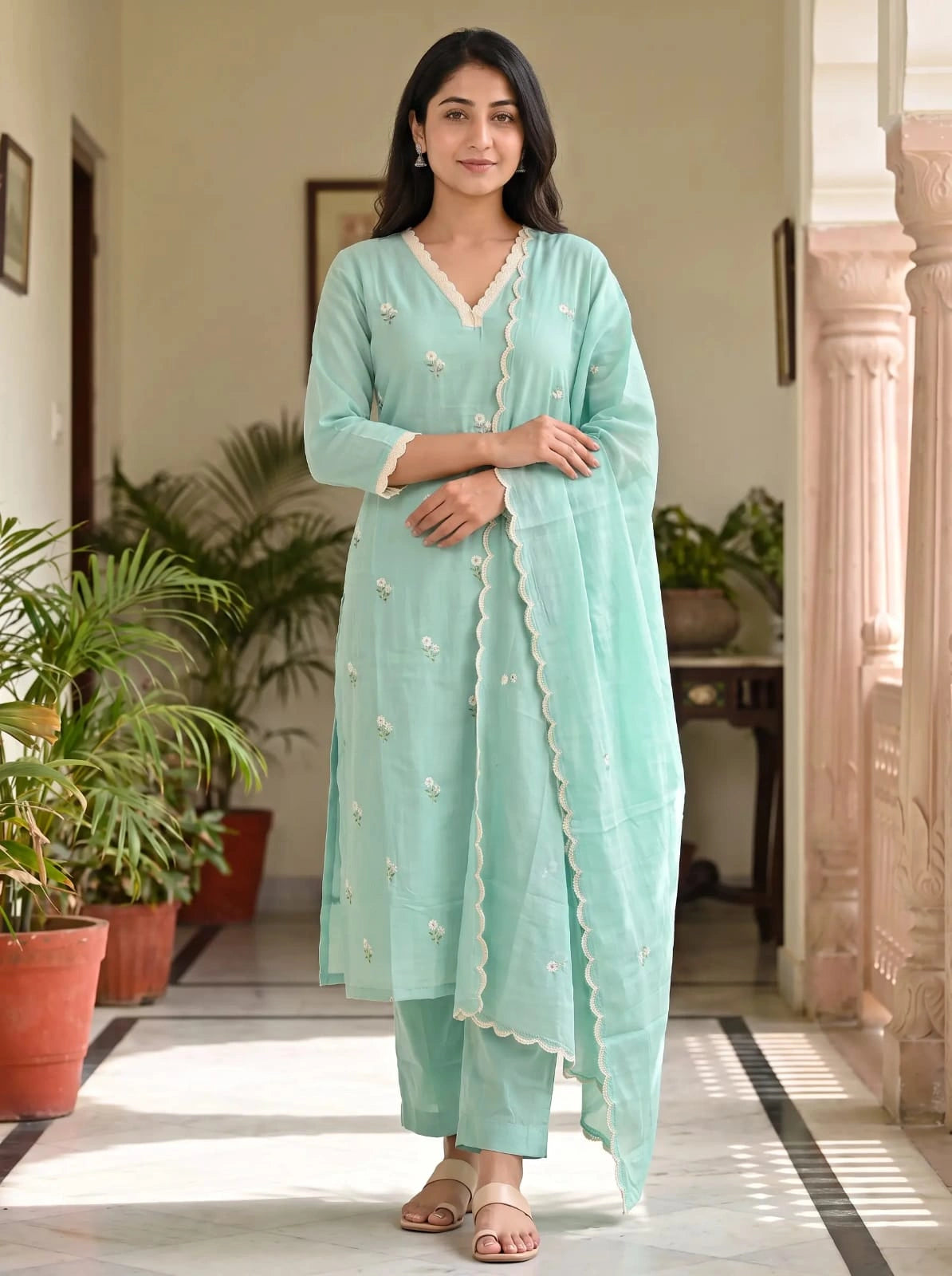 Mint Green Embroidered Cotton Suit Set - UB1003