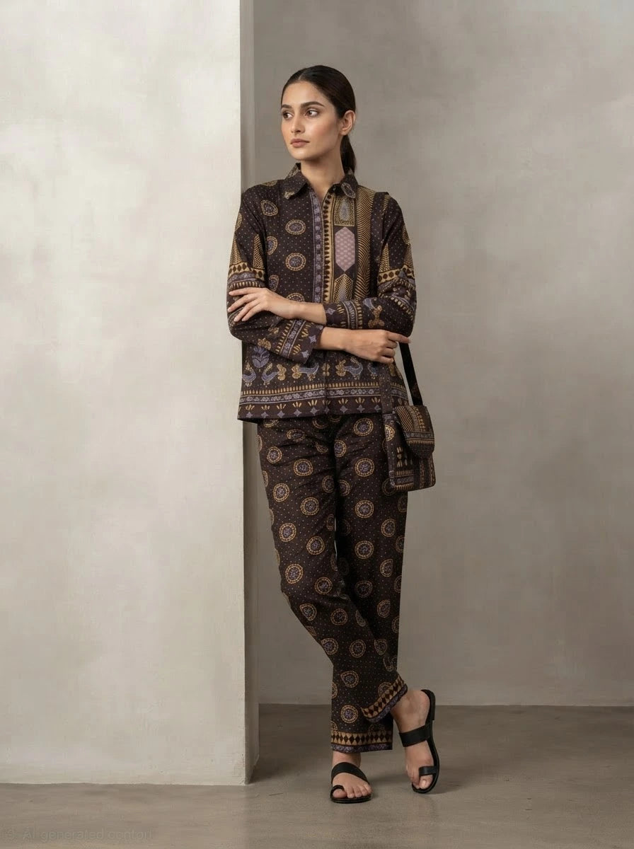 Brown Elegant Printed Co-Ord Set with Bag -UB1008