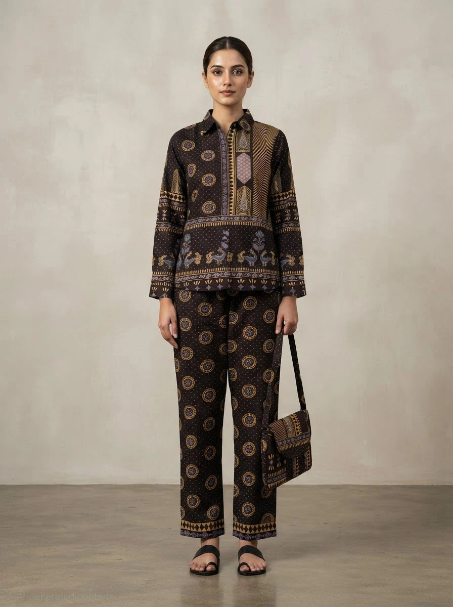 Brown Elegant Printed Co-Ord Set with Bag -UB1008