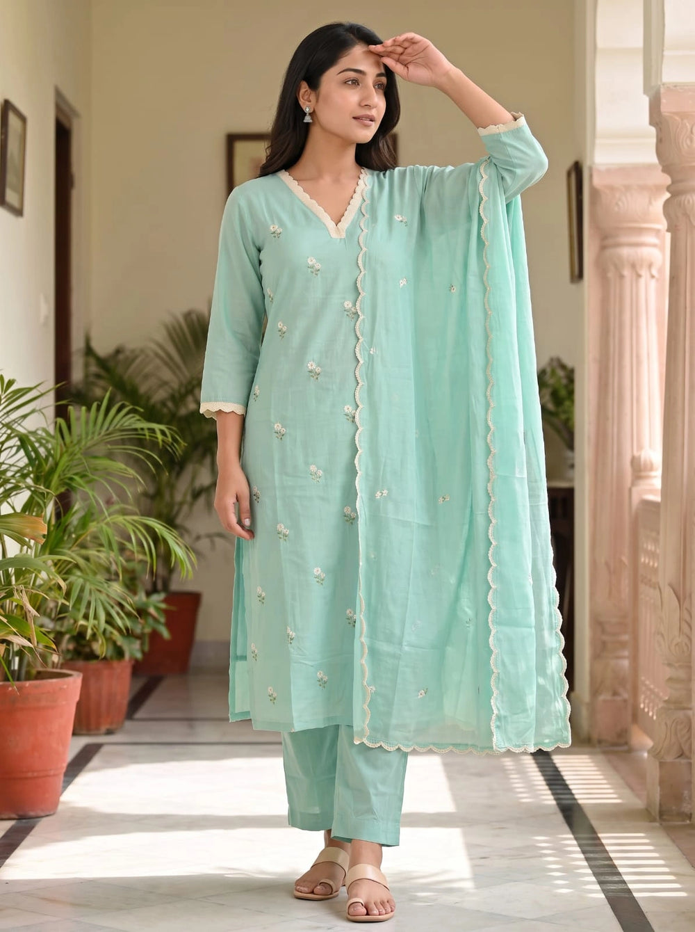 Mint Green Embroidered Cotton Suit Set - UB1003