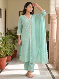 Mint Green Embroidered Cotton Suit Set - UB1003