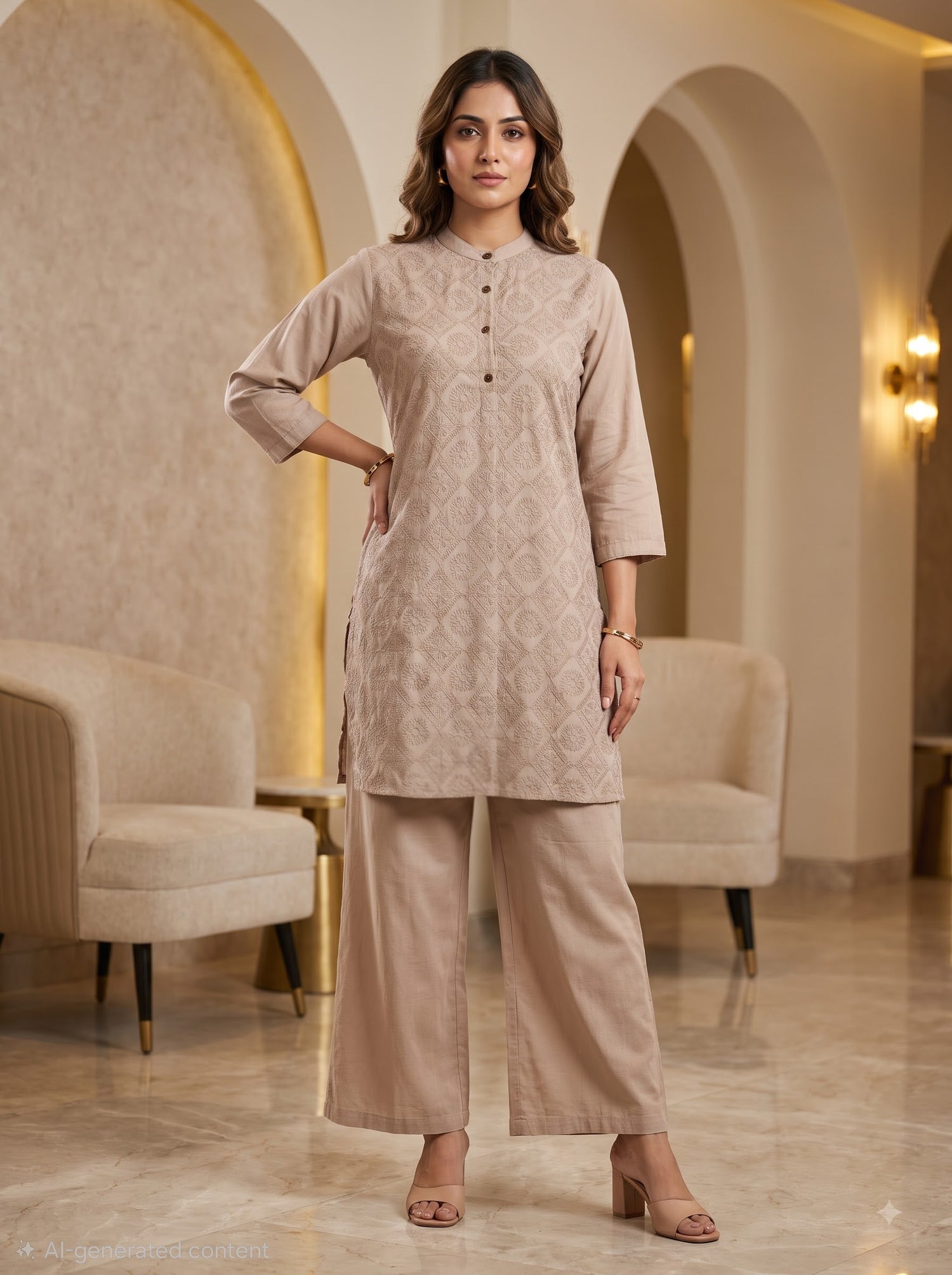 Beige Embroidered Cotton Co-Ord Set - UB1001